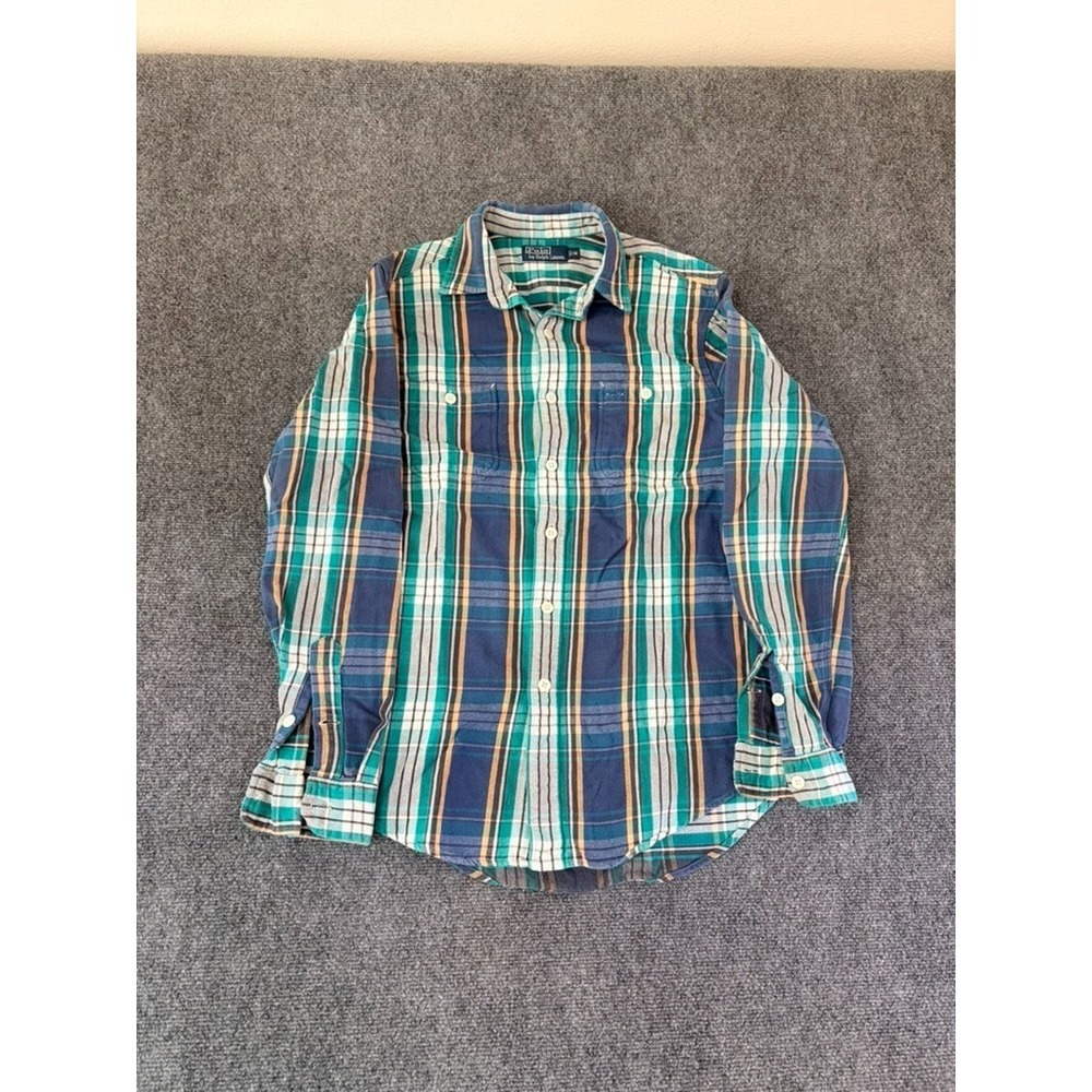 Polo Ralph Lauren Mens Work Shirt Blue Green Plaid Cotton Long Sleeve Size M